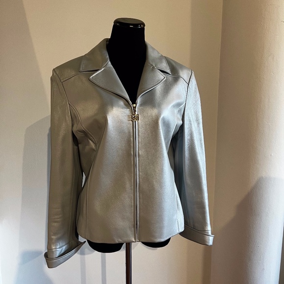 St. John Sport by Marie Gray Blue Leather Jacket Size Large - Picture 1 of 4